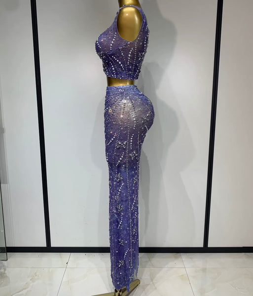 Women Sexy Sleeveless Beaded Pearl Rhinestone Two Piece Skirt Set