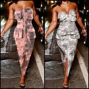 Women Sexy Strapless Tie Dye Front Zipper Cargo Maxi Dress