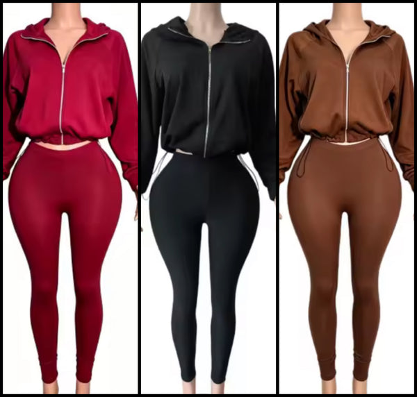Women Fashion Hooded Zip Up Tracksuit Two Piece Pant Set