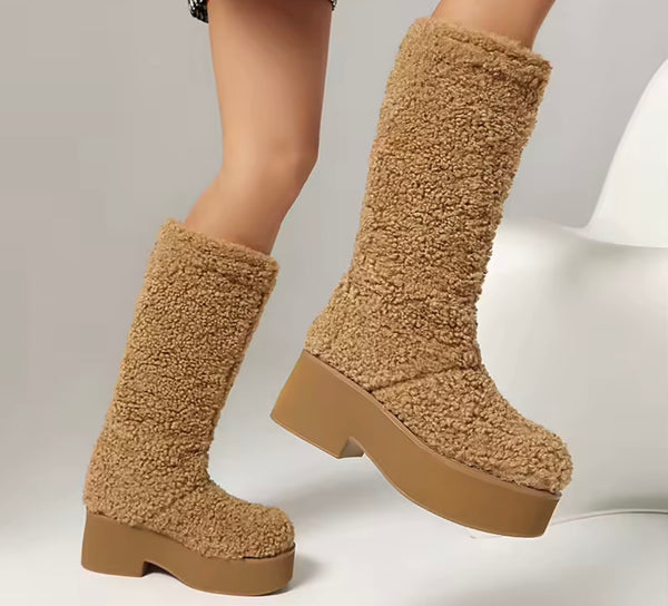 Women Fashion Furry Fleece Platform Knee High Boots