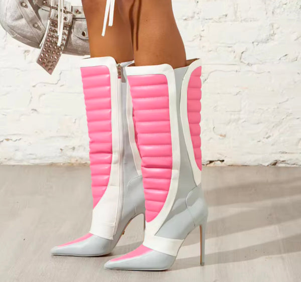 Women Color Patchwork Pointed Toe Faux Leather Ankle Boots