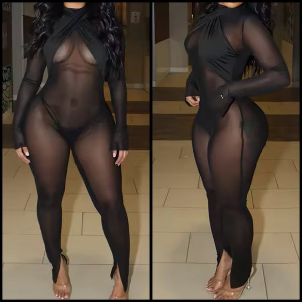 Women Sexy Black See Through Mesh Full Sleeve Jumpsuit