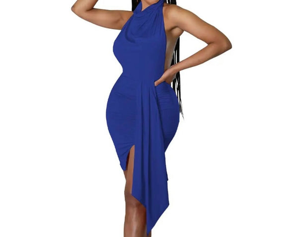 Women Sexy Sleeveless Halter Solid Color Asymmetrical Dress