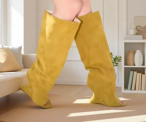 Women Color Open Toe Suede Wedge Knee High Boots