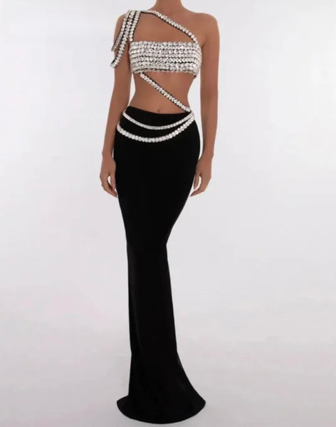 Women Sexy Sleeveless Rhinestone Two Piece Maxi Skirt Set