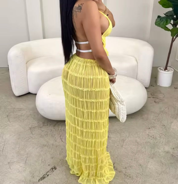 Women Sexy Yellow Halter Sleeveless Open Back Two Piece Maxi Skirt Set