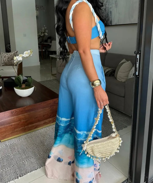 Women Blue Printed Sleeveless Sexy Two Piece Wide Leg Pant Set