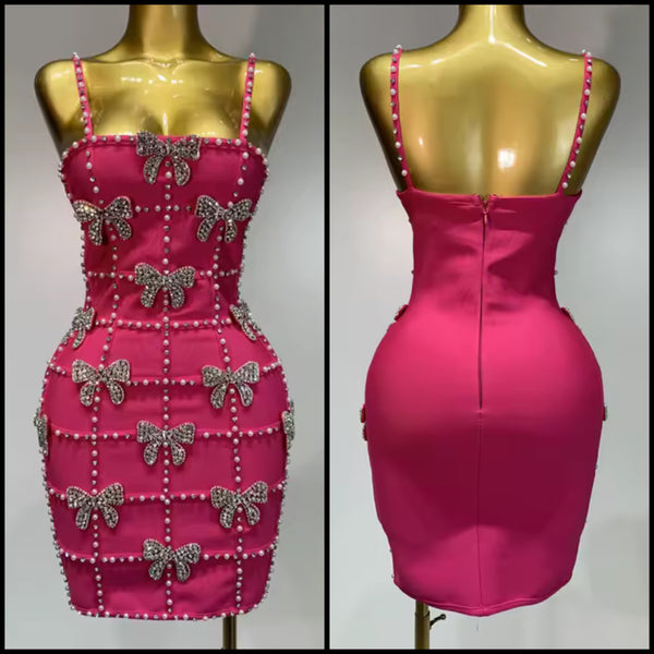 Women Pink Beaded Bow Sexy Sleeveless Dress
