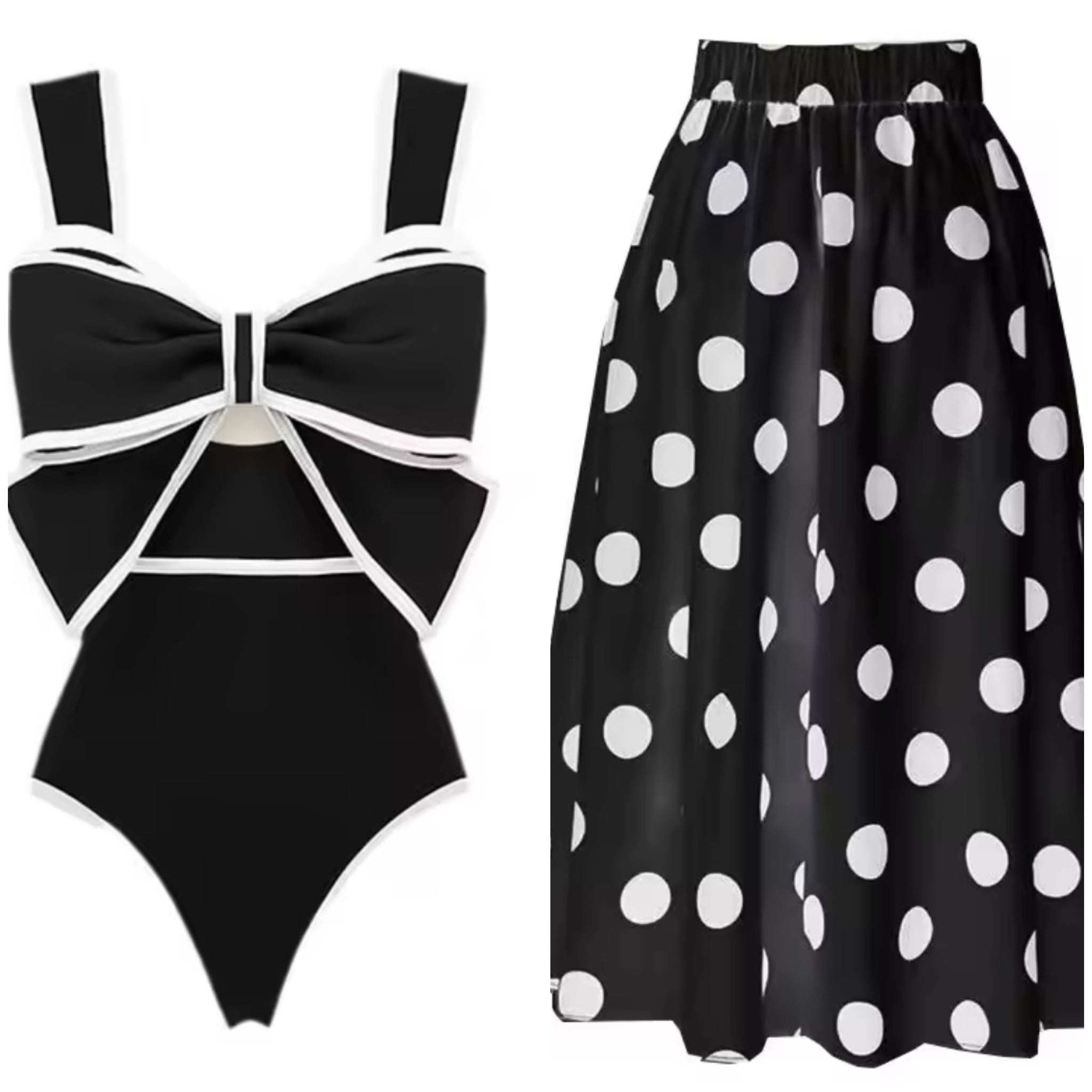 Women Fashion Bow Color Patchwork Polka Dot Swimsuit Cover Up Set