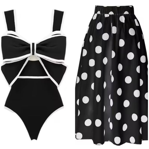Women Fashion Bow Color Patchwork Polka Dot Swimsuit Cover Up Set