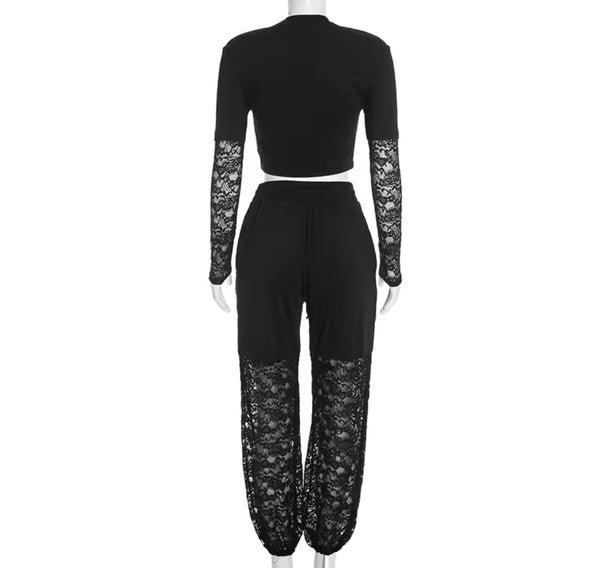 Women Black Lace Patchwork Full Sleeve Two Piece Pant Set