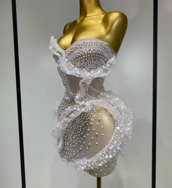 Women White Sexy Strapless Pearl Ruffle Mesh Dress