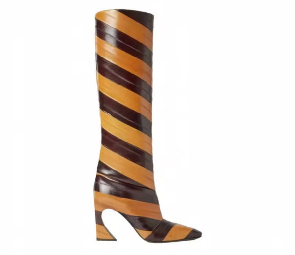 Women Fashion Color Patchwork Striped Knee High Boots