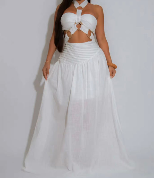 Women White Halter Sleeveless Sexy Two Piece Maxi Skirt Set