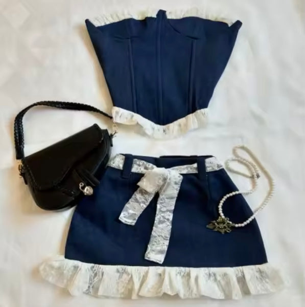 Women Sexy Strapless Denim Lace Patchwork Two Piece Skirt Set