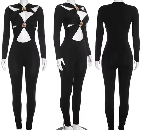 Women Sexy Metal Cut Out Full Sleeve Jumpsuit