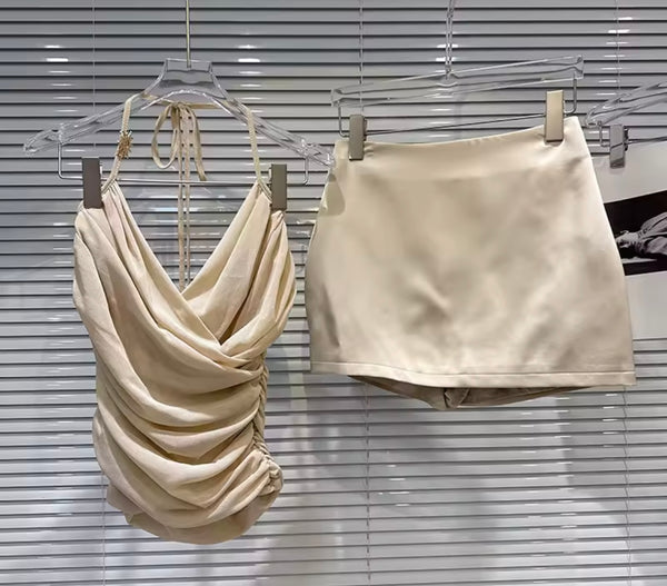 Women Sexy Ruched Halter Sleeveless Satin Two Piece Skirt Set