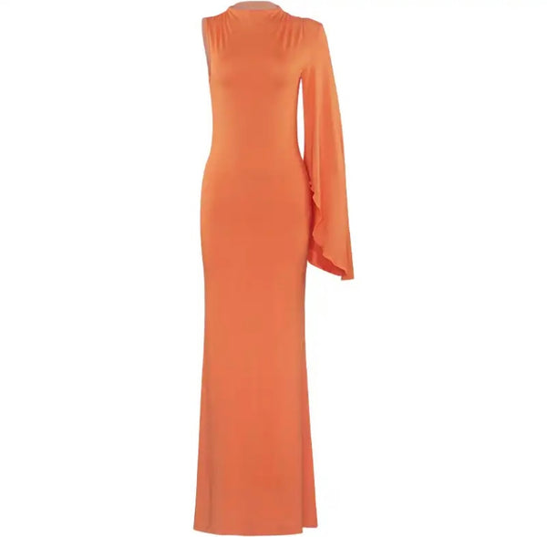 Women Sexy Orange One Shoulder Full Sleeve Maxi Dress