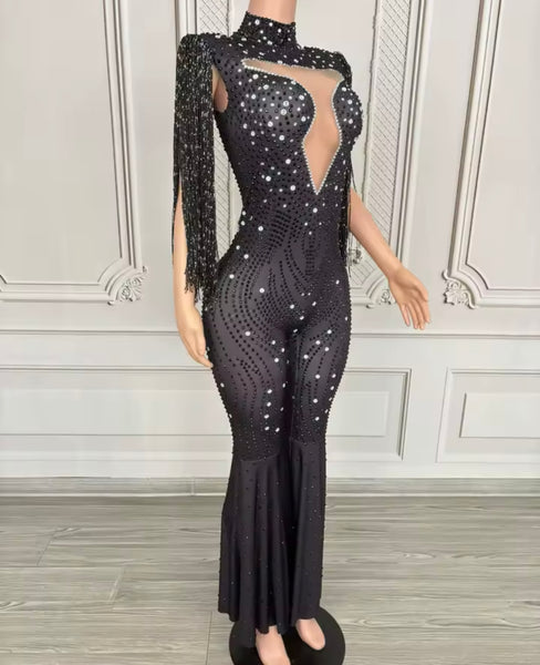 Women Black Beaded Rhinestone Tassel Jumpsuit