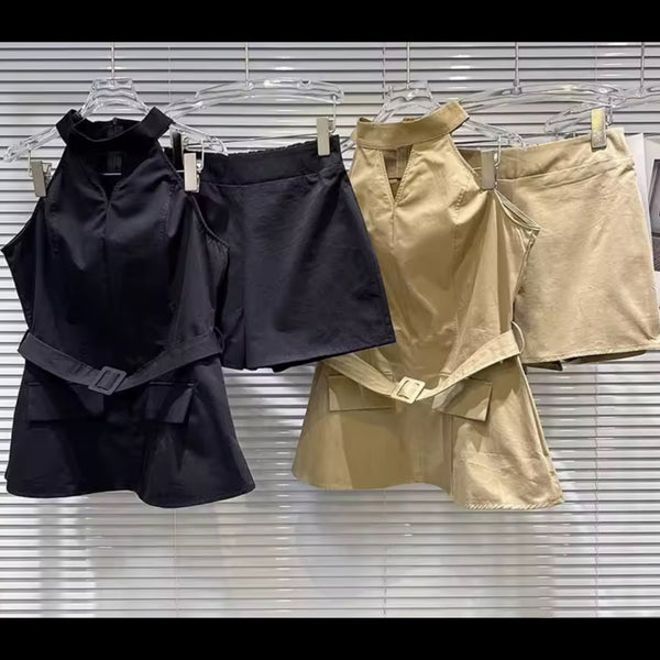 Women Belted Halter Sleeveless Two Piece Short Set