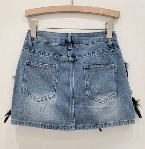 Women Fashion Feather Patchwork Denim Skirt