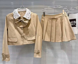 Women Lace Bow Button Up Blazer Two Piece Pleated Skirt Set