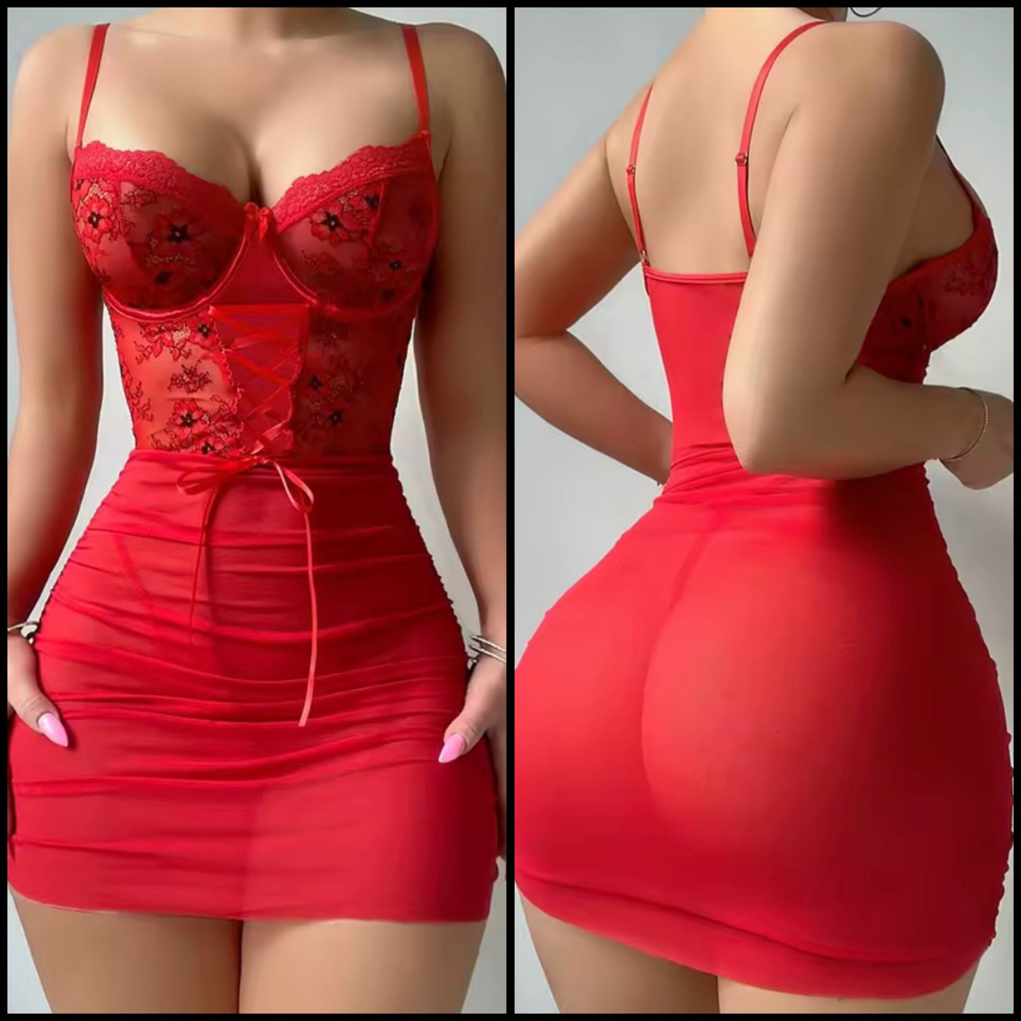 Women Red Sleeveless Sexy Floral Mesh Nightgown Lingerie