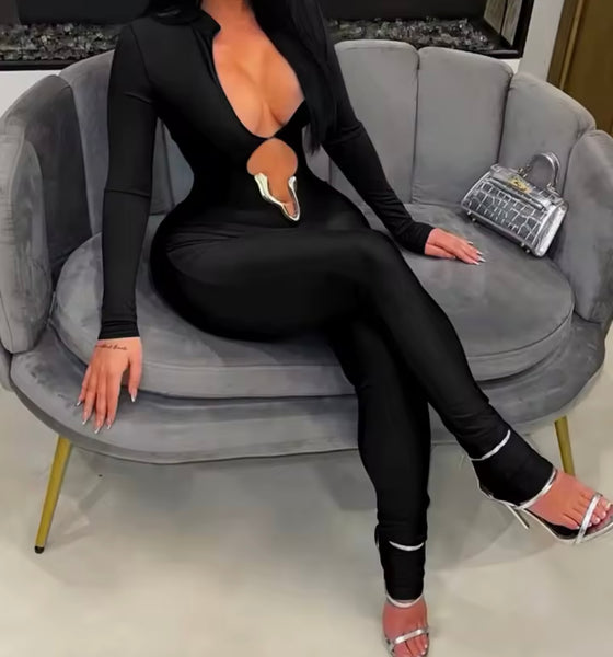 Women Sexy Deep V-Neck Metal Full Sleeve Jumpsuit