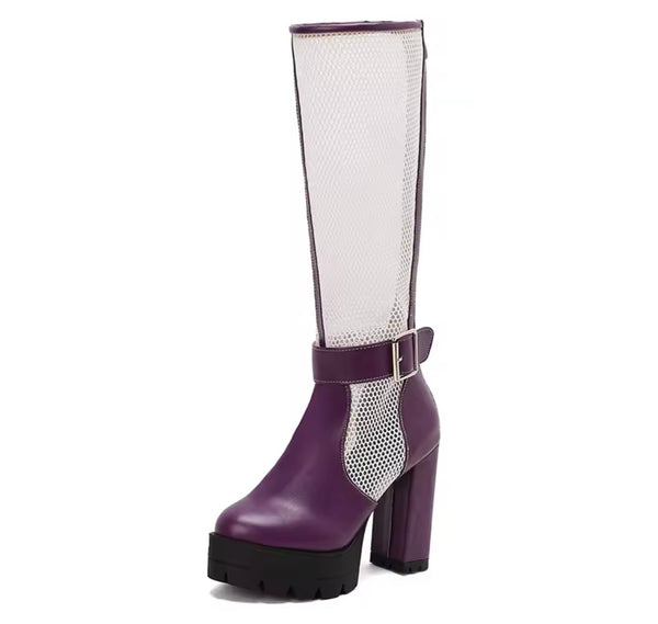 Women Color Buckled Mesh Platform Knee High Fashion Boots