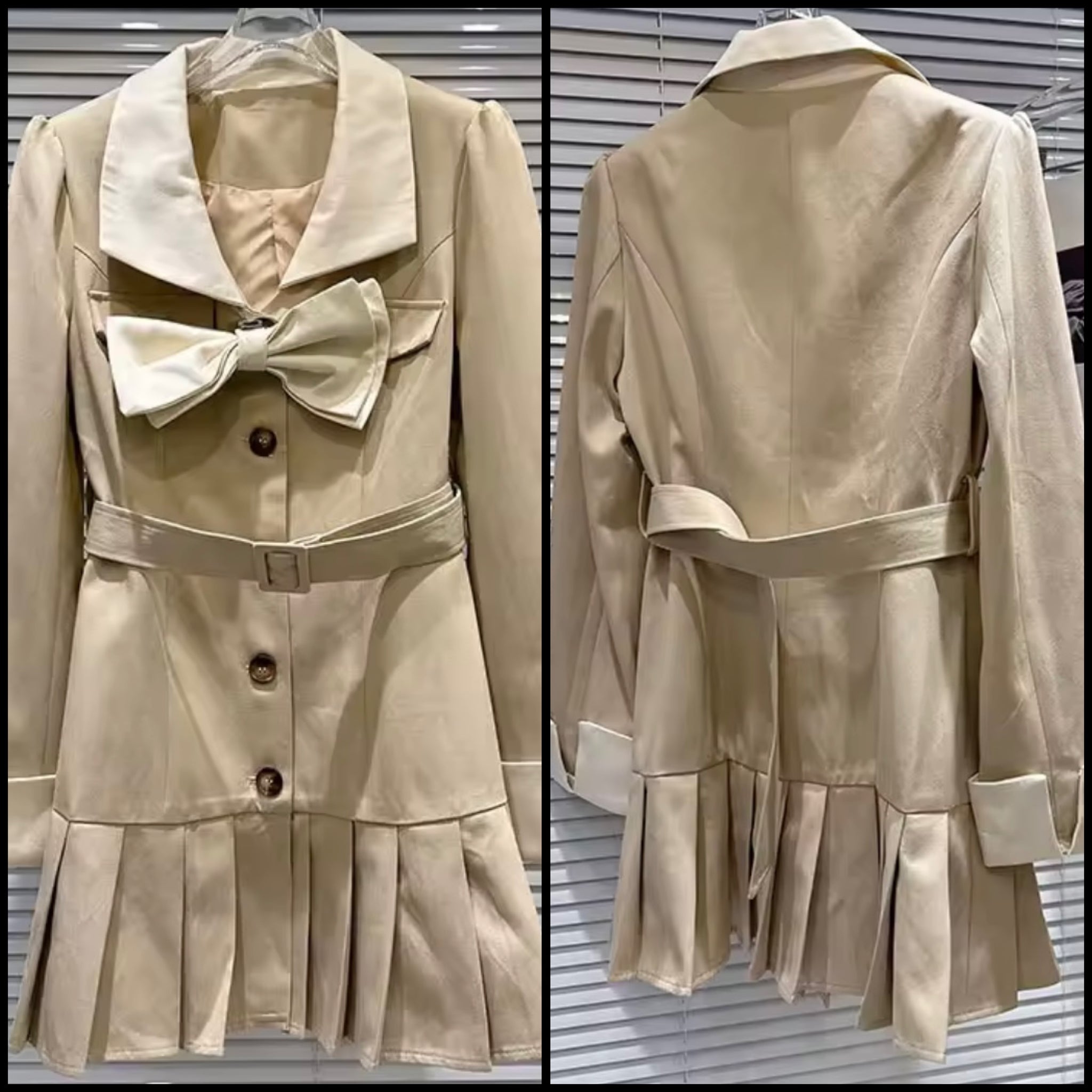 Women Khaki Bow Button Up Full Sleeve Blazer Dress