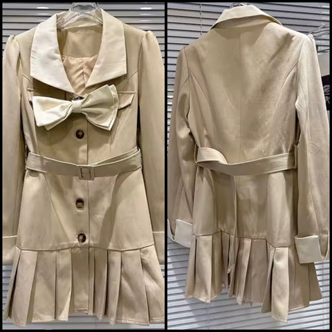 Women Khaki Bow Button Up Full Sleeve Blazer Dress