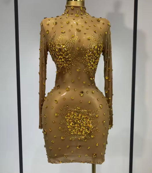 Women Sexy Bling Crystal Mesh Full Sleeve Dress