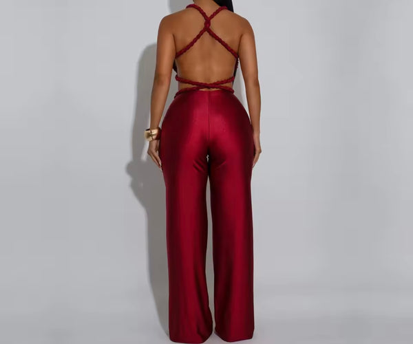 Women Sexy Sleeveless Open Back Tassel Two Piece Pant Set