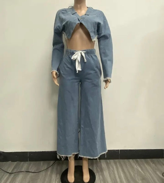 Women Fashion Drawstring Denim Two Piece Pant Set