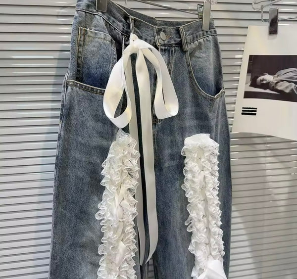 Women Fashion White Lace Bow Denim Pants