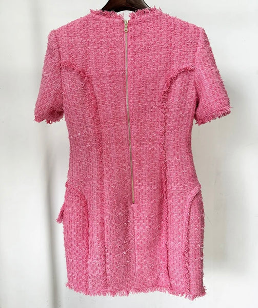 Women Sexy Pink Button Up Short Sleeve Tweed Dress