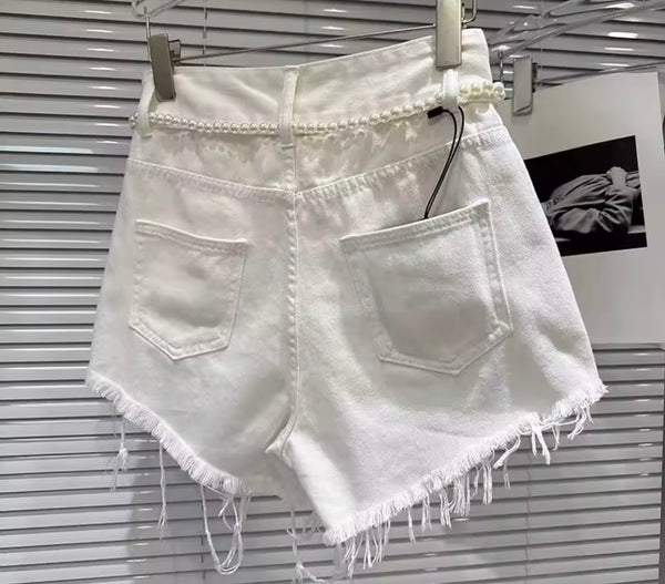 Women White Ripped Fashion Denim Shorts