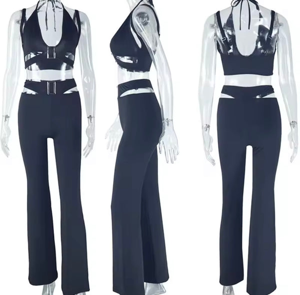 Women Black Halter Sleeveless Sexy Cut Out Two Piece Pant Set