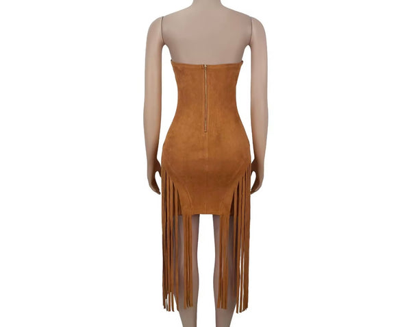 Women Sexy Buckled Strapless Fringe Tassel Suede Dress