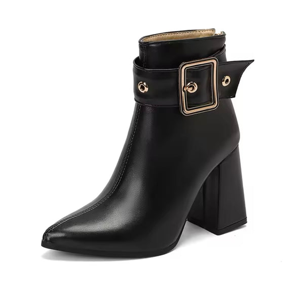 Women Fashion Pointed Toe Faux Leather Buckled Ankle Boots