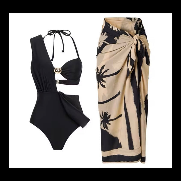 Women Sexy Black Cut Out Swimsuit Printed Cover Up Set
