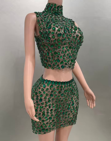 Women Sexy Sleeveless Green Crystal Mesh Two Piece Skirt Set