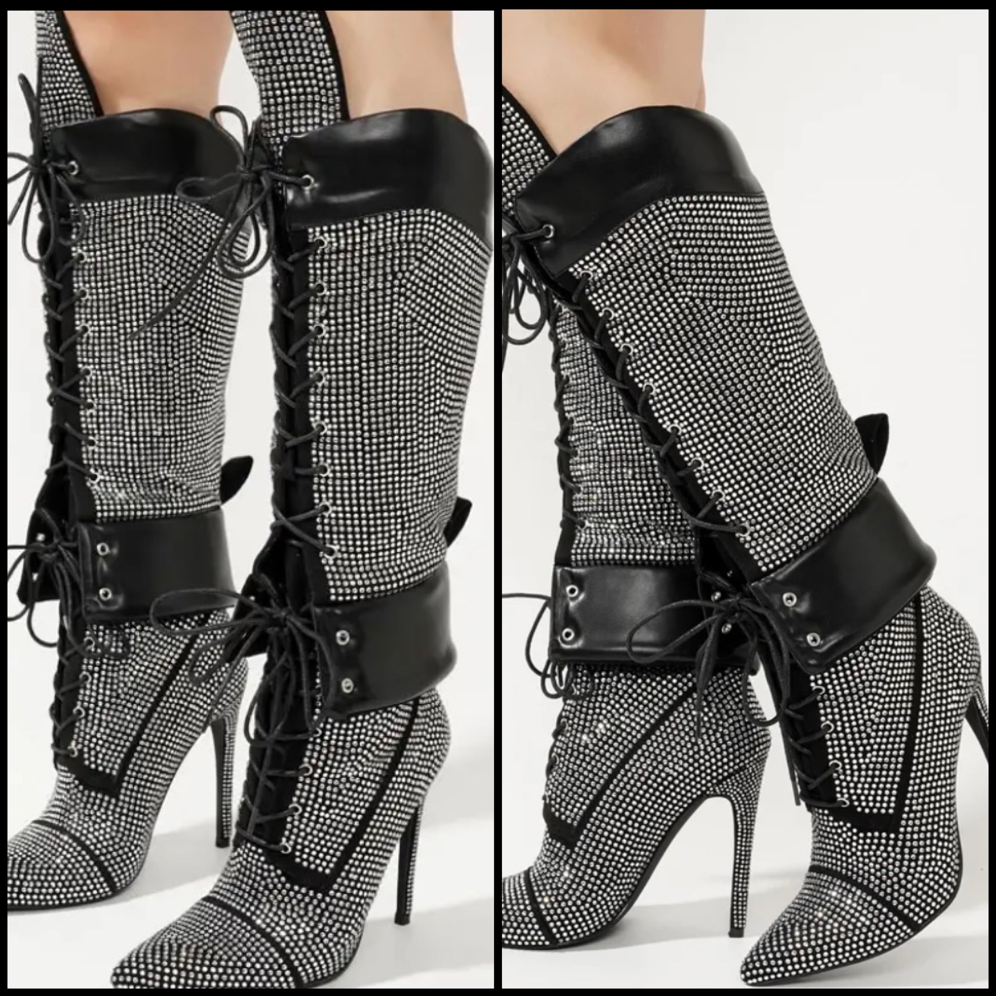Women Fashion Bling Lace Up Knee High Boots