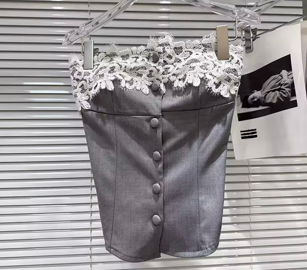 Women Gray Lace Button Up Strapless Two Piece Pleated Skirt Set