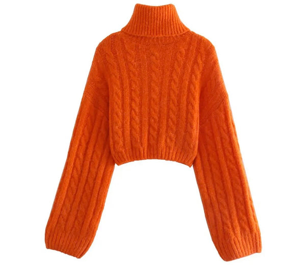 Women Orange Turtleneck Full Sleeve Fashion Crop Sweater Top