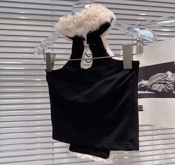 Women Halter Sleeveless Faux Fur Fashion Crop Top