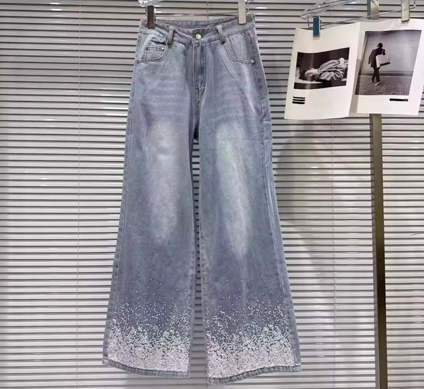Women Fashion Blue Sequins Patchwork Denim Pants