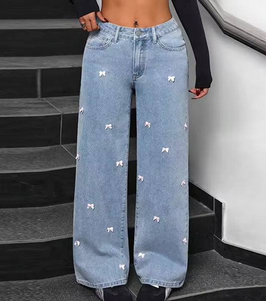 Women Fashion Color Bow Patchwork Denim Pants