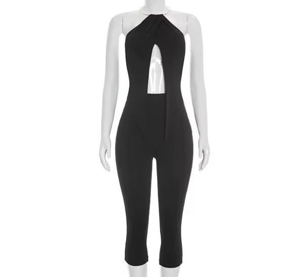 Women Sexy Metal Halter Two Piece Capri Pant Set