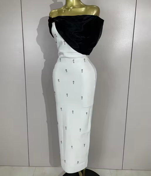 Women Sexy B&W Off The Shoulder Rhinestone Maxi Dress